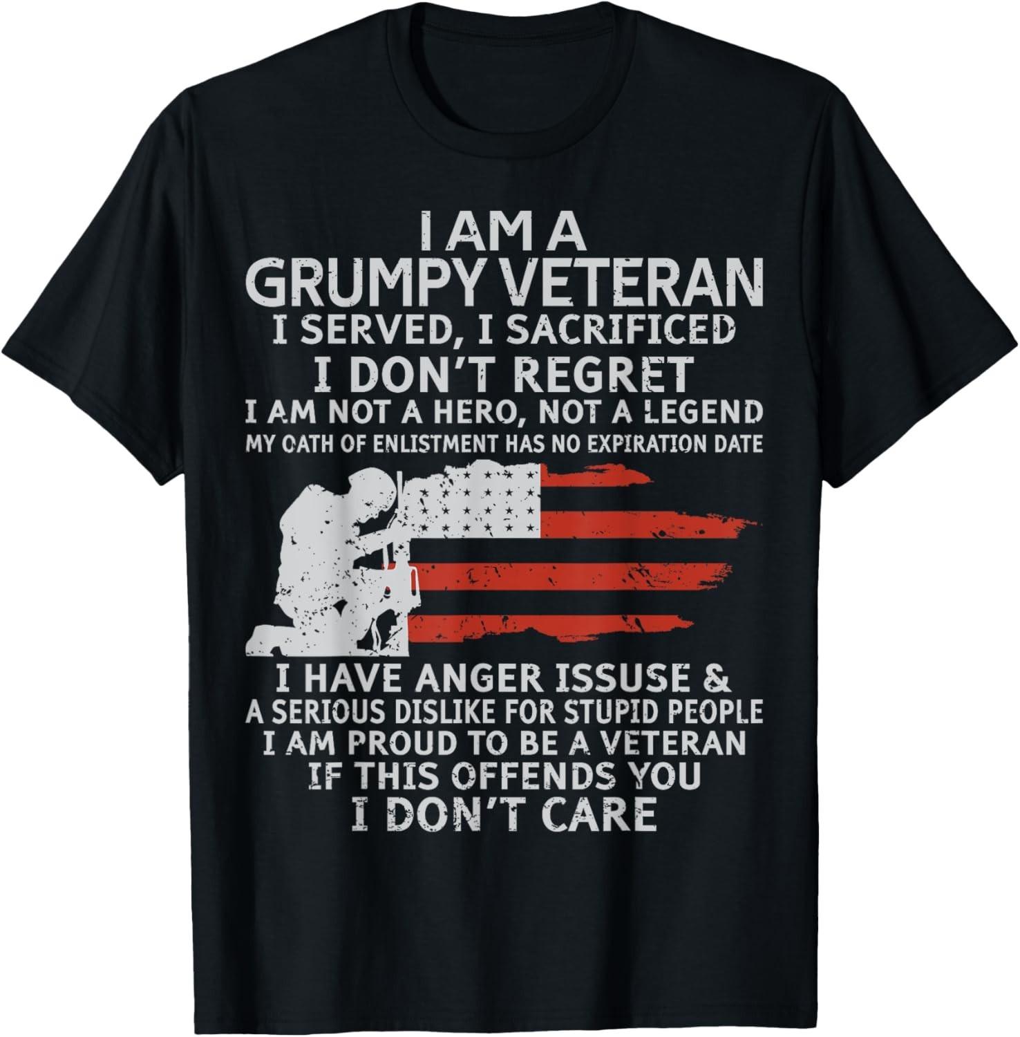 Grumpy Veteran Old Man American Flag Soldier Proud Veteran Funny T-Shirt S