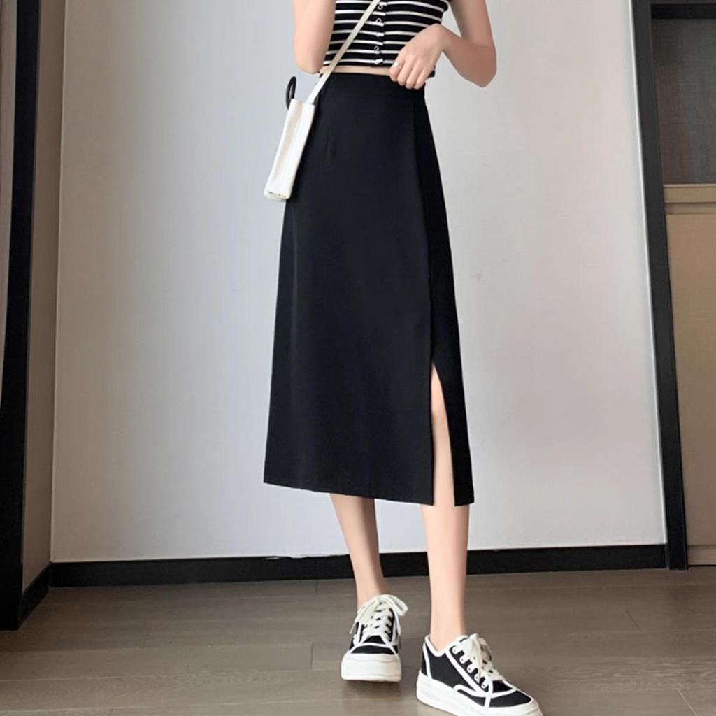 2024 Black A-Line Midi Skirt: High Waist, Slimming, Petite, Versatile for Women - Perfect for Spring/Summer