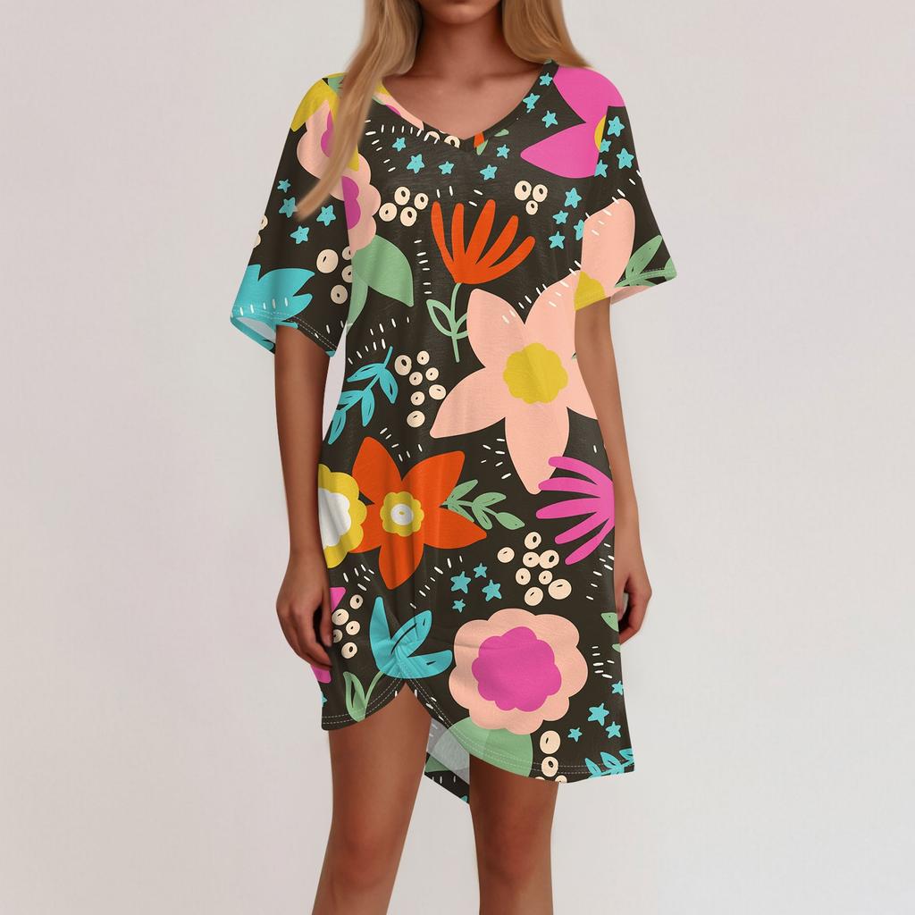 Women's Summer Casual Floral Printed Hem Knotted Short Sleeve Dresses