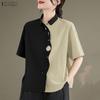 ZANZEA Damen Lässig Umlegekragen Sommer Kurzarm Patchwork Bluse