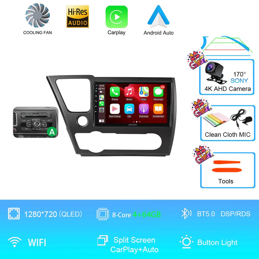 9" QLED 12G 256G Car Radio Android 14 For Honda Civic 9 2013 - 2016 Stereo Wireless Carplay Auto Navigation GPS Multimedia Playe