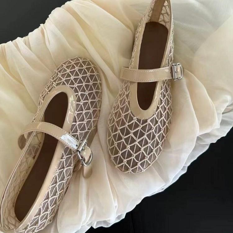 Schafsleder-Version~ Französisches Netz ausgehöhlte Sandalen atmungsaktive flache Mary Jane Schuhe mit flachem Ausschnitt Damen Einzelschuhe Sommer Fischernetzschuhe