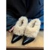 Sheepskin Version~ High-end Pointed Small Leather Shoes Women's Retro One-pedal Fluffy Single Shoes High-heeled Thick Velvet Warm Cotton Shoes
