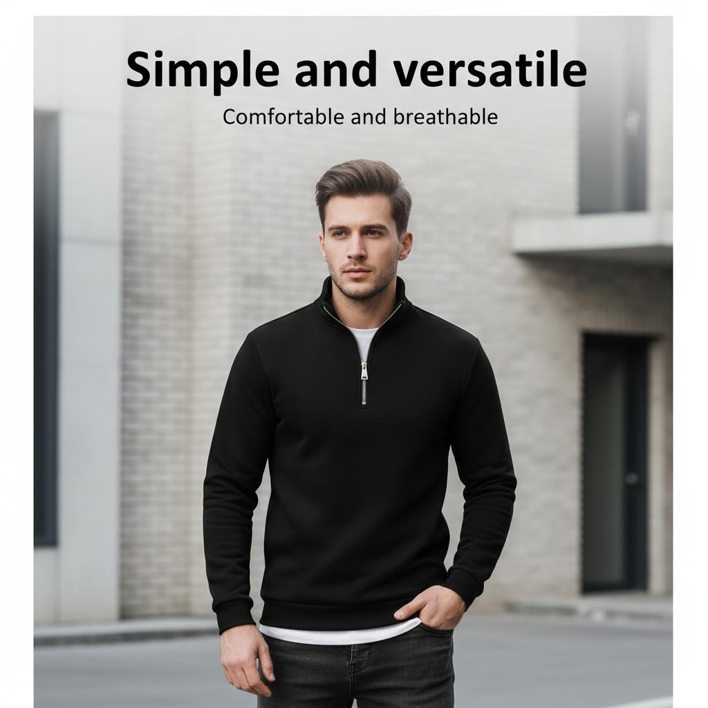 Men's Quarter Zip Pullover Sweater - Solid Color Long Sleeve Casual Top Slim Fit Half Zip Sweatshirt for Autumn & Winter Outwear