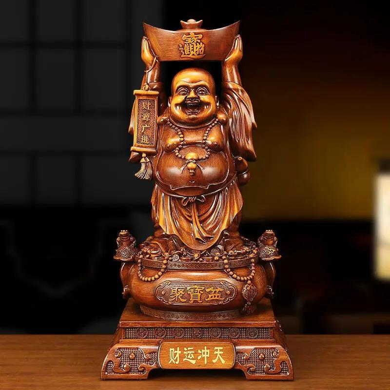 Maitreya Buddha Schatzschale Ornament Holzmaserung Farbe Zieht Reichtum an Dickbäuchige Buddha Statue Wohnzimmer Umzugsgeschenk