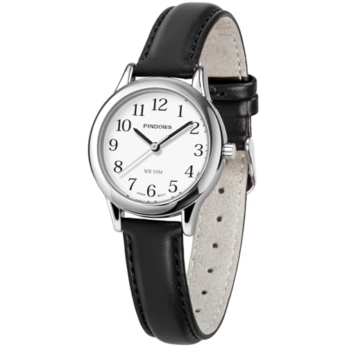 

PINDOWS Women s Slim Minimalist Quartz Analog Wrist Watch with Black Leather Strap Gold Tone