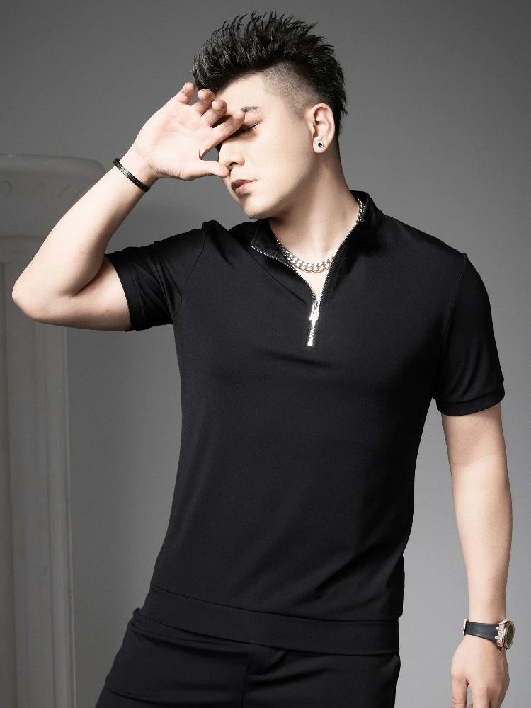 

European Goods 2025 Summer New Men s Polo Shirt Fashion Brand Stand Collar Short sleeve T-shirt Solid Bottoming Shirt Men s Top 4XL белый