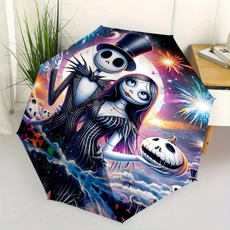 1 Auto Open Jack Skellington, Sally Themed Colorful 8-rib Portable Umbrella for Men and Women, A Compact Commuting Companion Suitable for Da