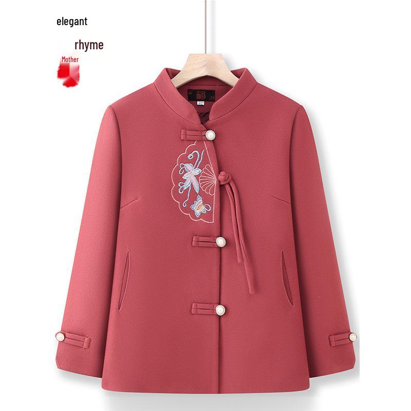 Elegant Embroidered Woolen Coat for Middle-Aged & Elderly Women – Spring & Autumn Fashion