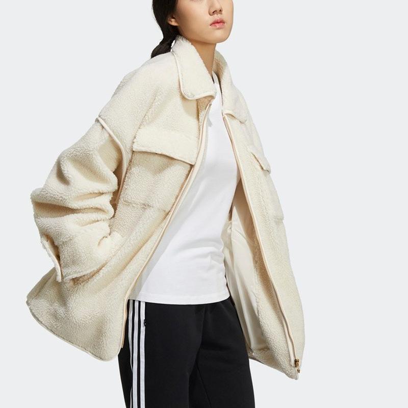 Adidas Originals Sherpa Solid Color Zip-Up Warm Faux Shearling Jacket Women jackets White HC6602