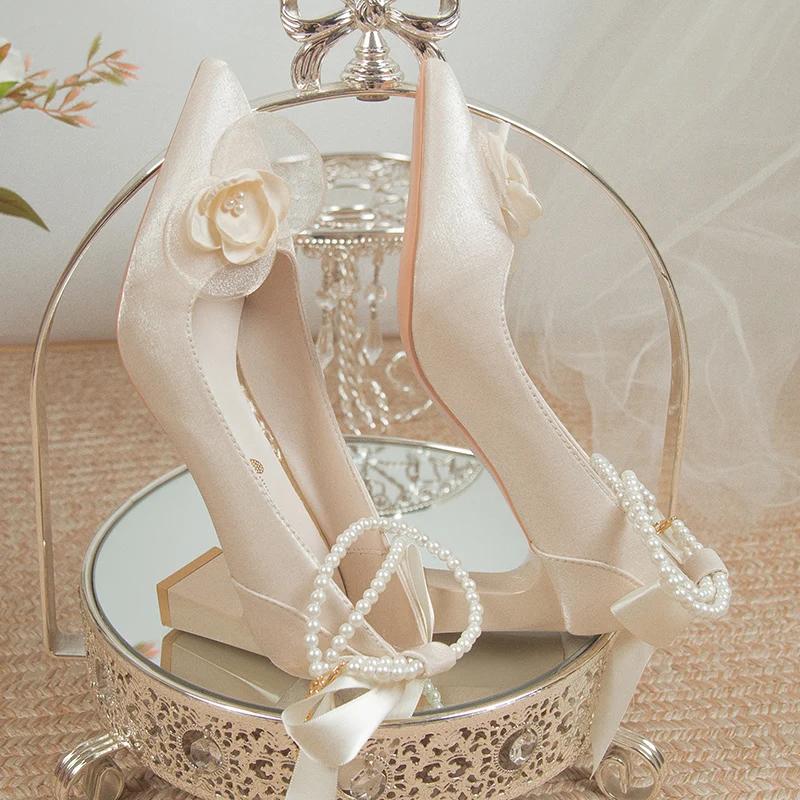 Bridal Shoes 2026 New Flower High Heel Pumps Women Elegant Pearl Strap Wedding Party Shoes Woman Silk Pointed Toe