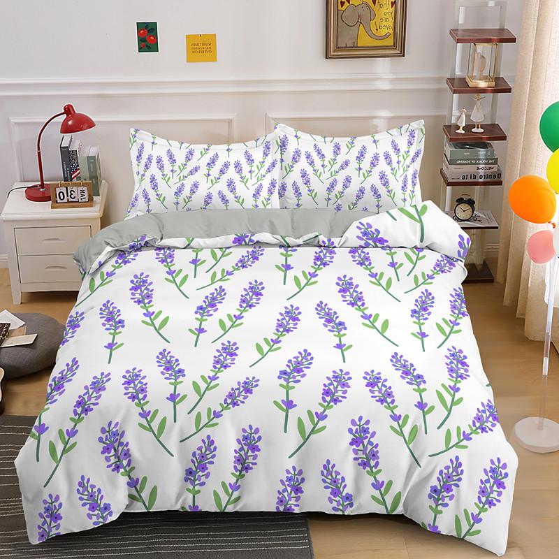 Lavender Duvet Cover Set Purple Romantic Theme Beautiful Flowers Polyester Comforter Cover King Queen Size for Girls Women Kids
