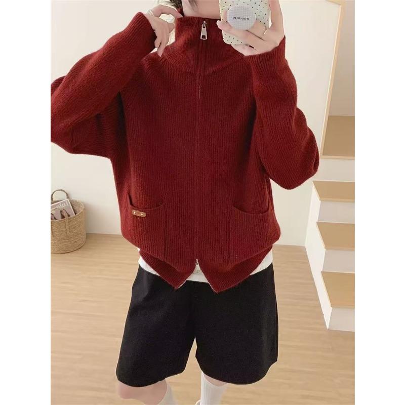 Autumn and winter lapel collar double zipper solid color double pocket casual cardigan temperament thin versatile lazy style knitted sweater