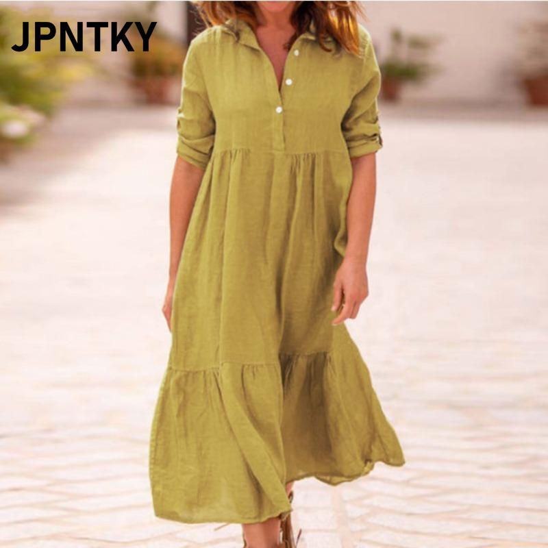 JPNTKY Fashion Summer Spring Solid Color Print POLO Neck Casual Dresses