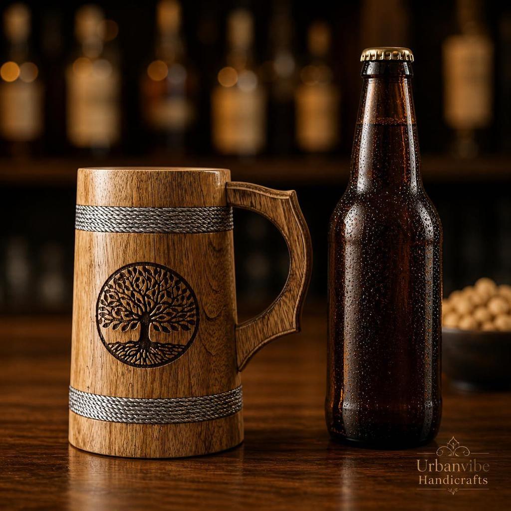 Handmade Wooden Beer Mug, Wood with Sheesham Finish, Barrel Style, Lightweight & Durable, for Craft Beer, Home Bar, Café, Party, Gift(350ml)