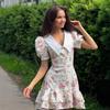 2025 Floral V-Neck Puff Sleeve Tie-Up Mini Dress