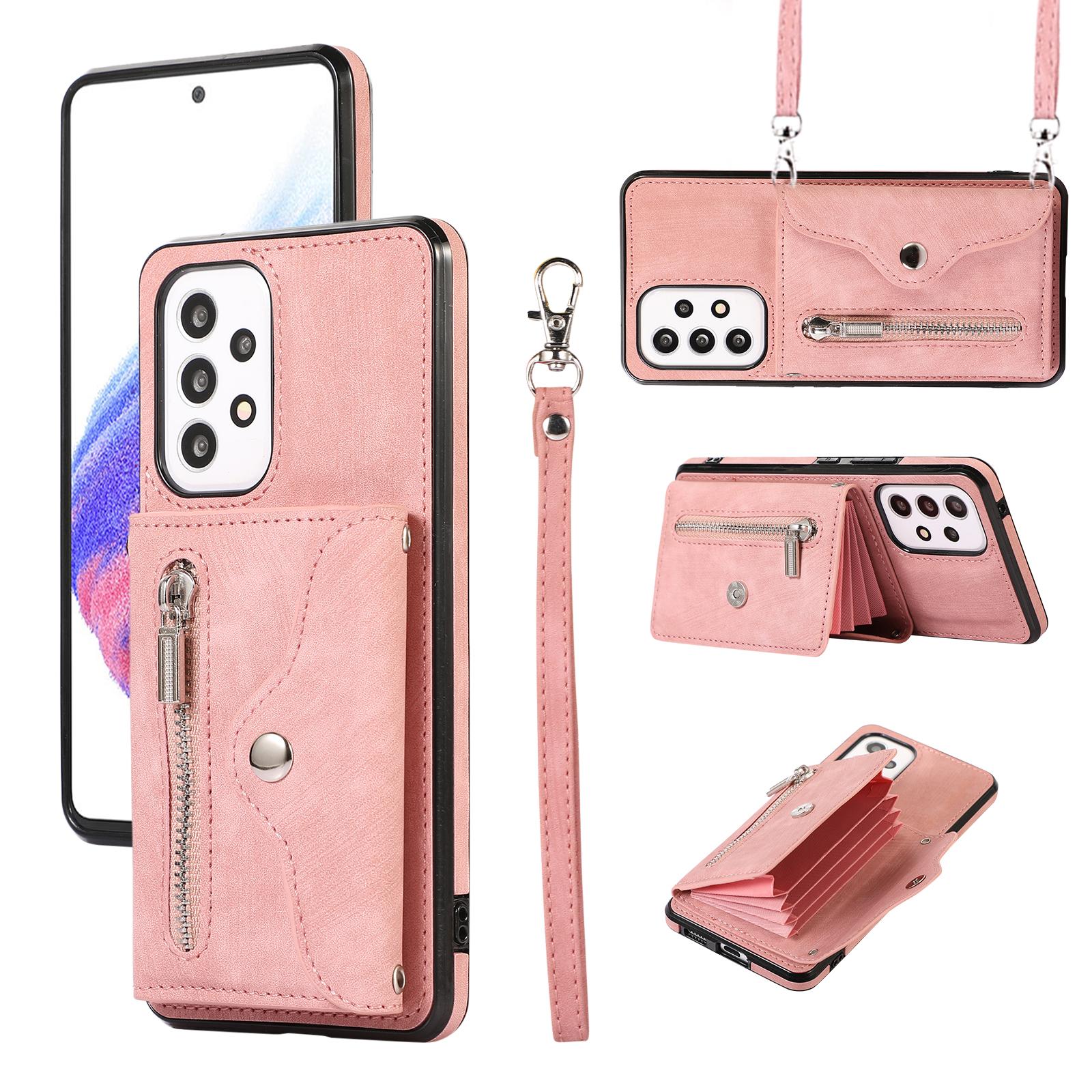 

For Samsung Galaxy A53 5G Anti-Fingerprint Cover Kickstand PU Leather+TPU Cell Phone Case with RFID Blocking Card Bag Rose Gold