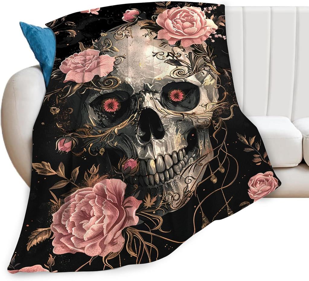 Skull Roses Throw Blanket - Skeleton Gifts and Decor - Soft, Warm, Cozy Fleece Blanket for Couch, Sofa, Bed -