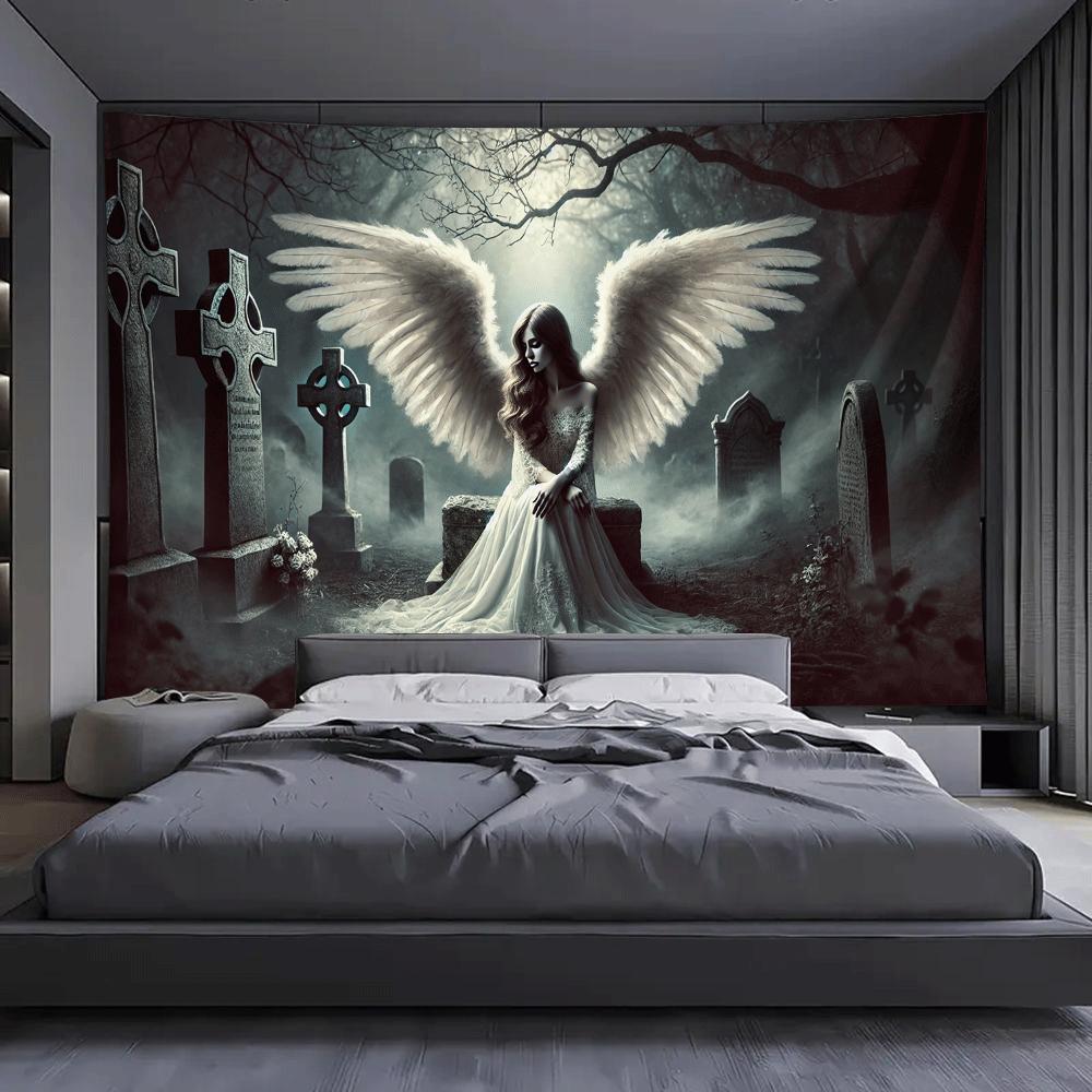 Jmg Household Supplies Unisex Mystical Angel Graveyard Landscape Tapestry, Foggy Forest Tombstone Scene Wall Cloth, Serene Backdrop For Bedroom Home Space