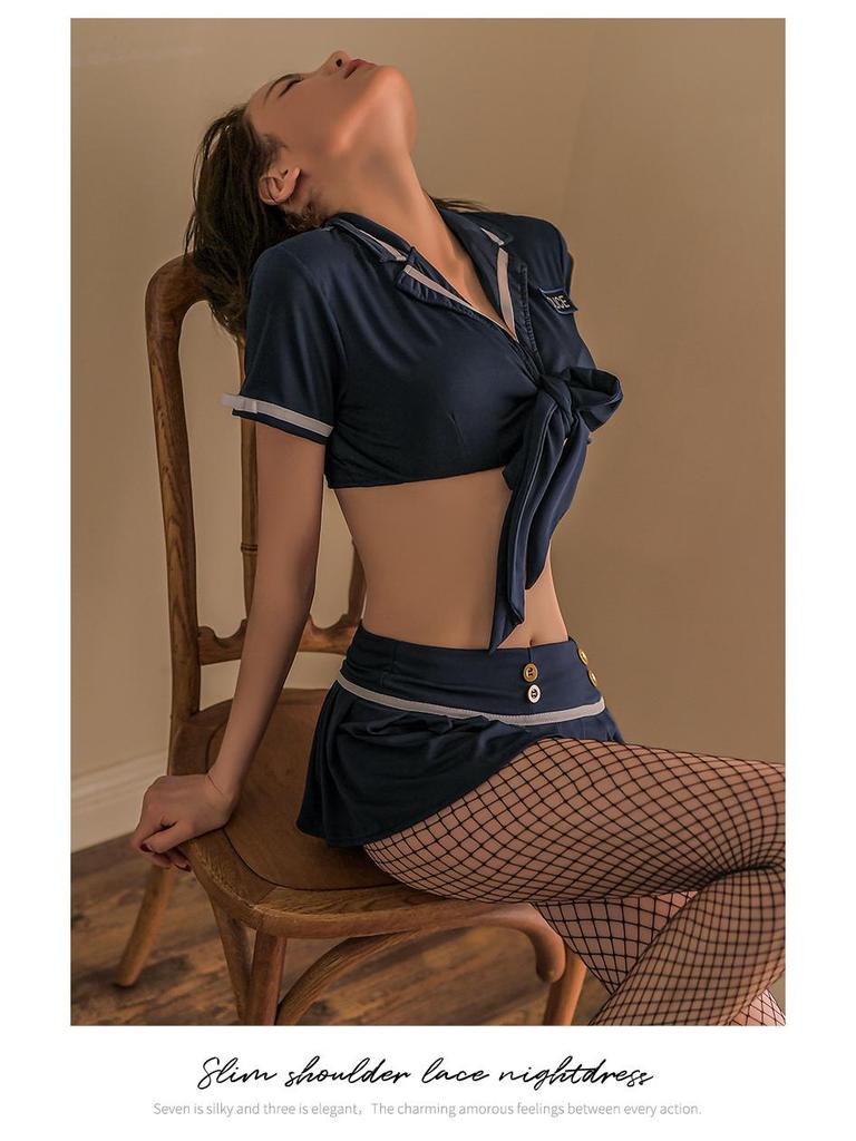 Manyan Sexy Policewoman Lace Top & Pleated Skirt Uniform, Bold Backless Design