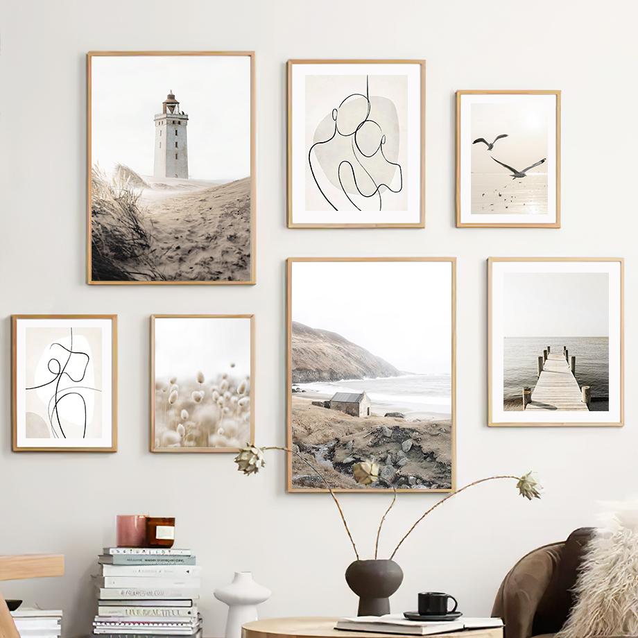 Beige Sjøgress Rør Løvetann Linjefigurer Veggkunst Lerret Maleri Plakater Og Trykk Hotell Bar Bilder For Stuedekor