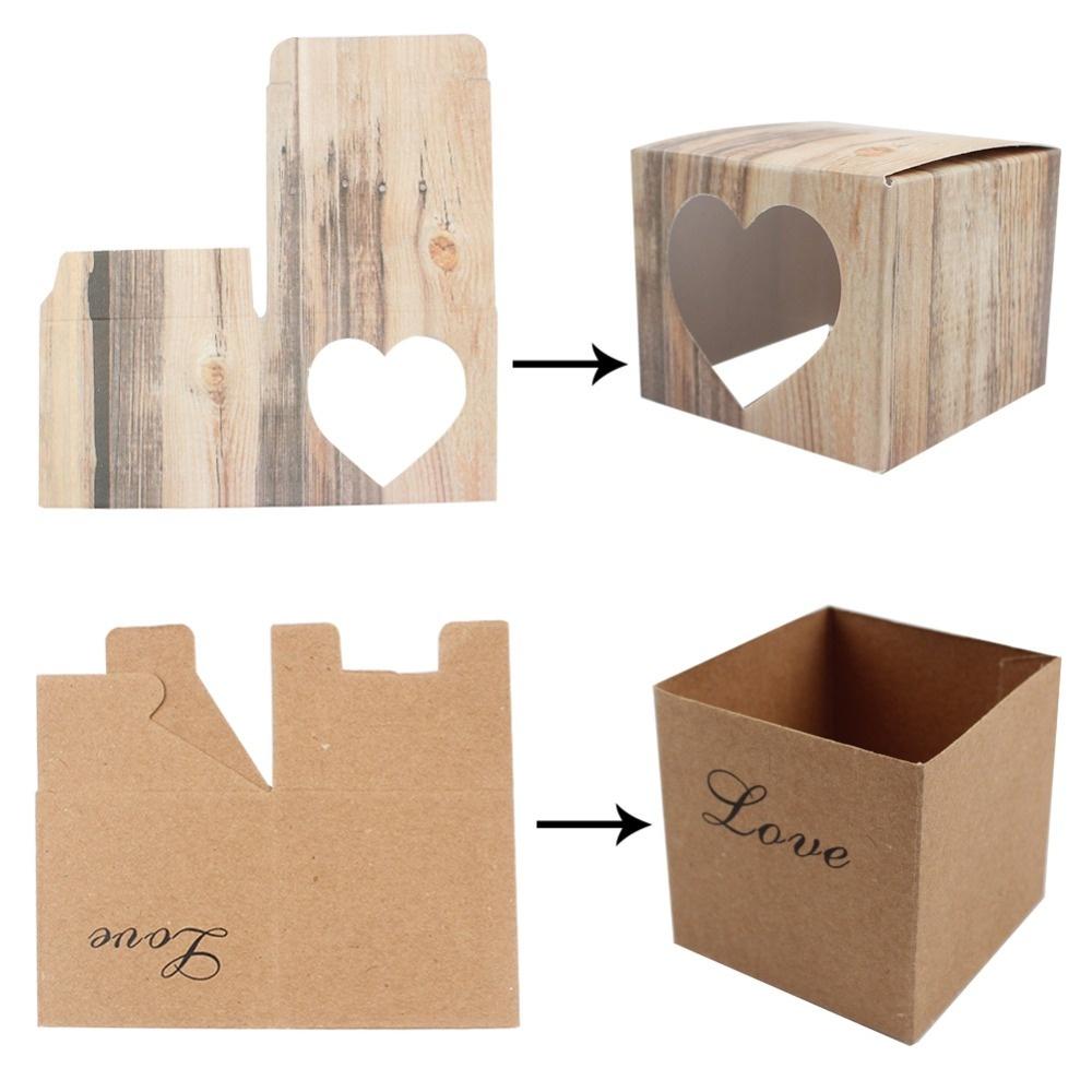 50pcs Romantic Heart Vintage Kraft Candy Box with Burlap Twine for Wedding Decoration