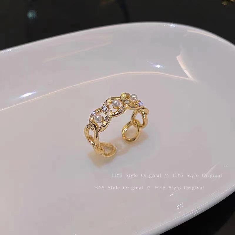 Korean Pearl Ring: Chic Luxury Design for Women, Adjustable Open Style, Trendy Cool Index Finger Accessory.