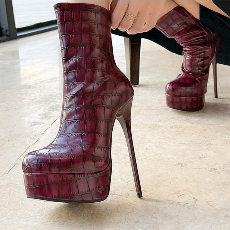 

Fashion FHC Thick Bottom Platform Short Boots,Women High Heels Ankle Botas,Stone Pattern Winter Shoes,Side Zip,Brown,Green,Dropship 38