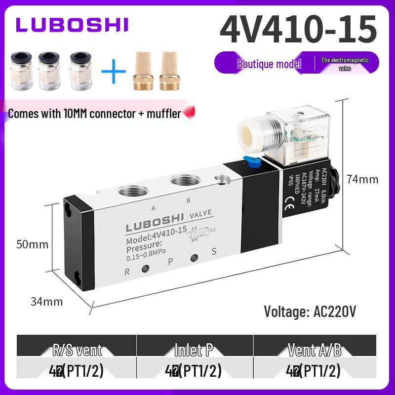 220V Pneumatický solenoidový ventil 4V410-15: 8mm Konektor, 2-polohový 5cestný řídicí ventil pro válec, 24V Směrový pneumatický ventil.