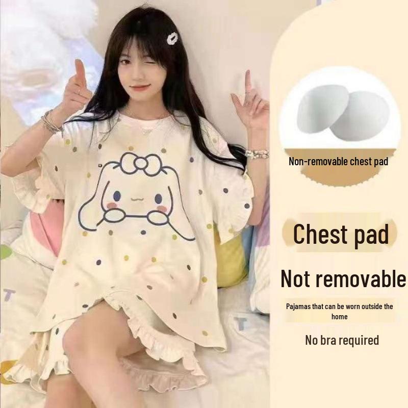 

Women s Imitation Cotton Pajama Set with Chest Pads - Casual, Sweet, Wearable Outdoors, Woven Pure Cotton, Round Neck Summer Loungewear. M-L