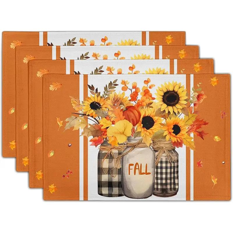 1PC Sunflower Placemats Linen Buffalo Check Plaid Autumn Leave Table Place Mat for Farmhouse Thanksgiving Kitchen Dining Decor