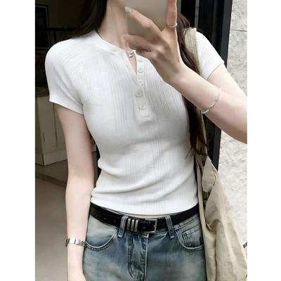 French V-neck Half-button Short-sleeved T-shirt Women's Summer New Design Sense Niche Slim and Thin Versatile Top