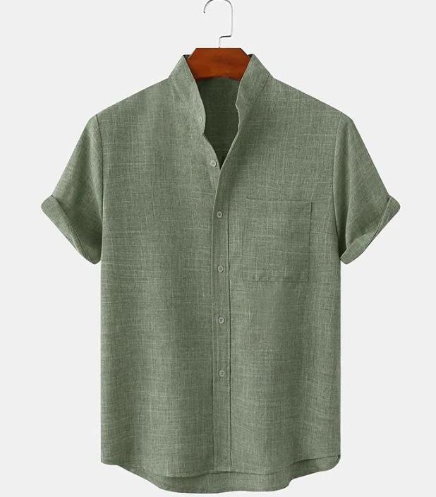 Men s cotton and linen stand-up collar short-sleeved solid color shirt casual cardigan men s shirt S армия зеленый