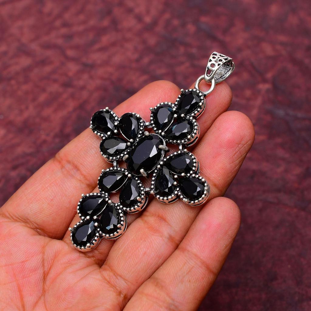 Black Onyx Gemstone 925 Sterling Silver Handmade Cross Pendant Jewelry