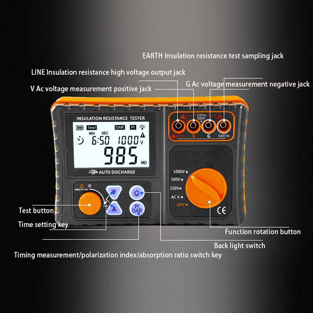 Digital Insulation Resistance Tester, 250V500V1000V Megohmmeter LCD Display Insulation Resistance