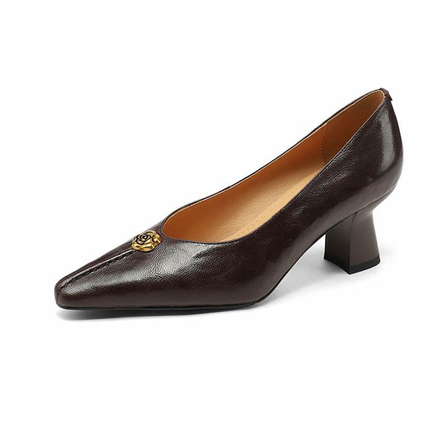 

Krazing Pot Sheepskin Square Toe Size 40 High Heels Metal Flowers Decoration Fashion Gladiator Autumn Pumps 34 коричневий