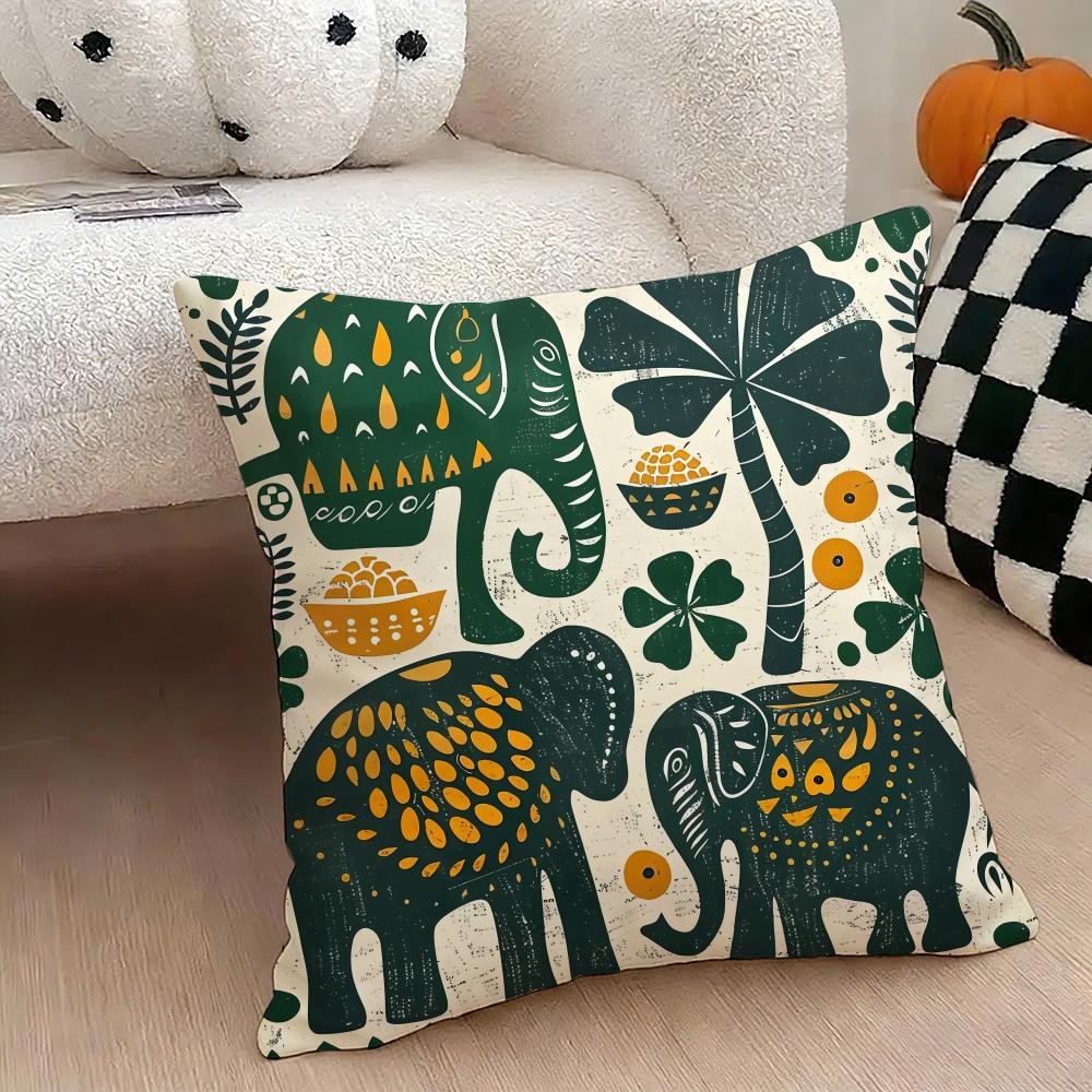 Elephant and Flower Cushion Cover Natural Linen Double Sided Print Throw Pillow Case for Sofa Couch Home Decor