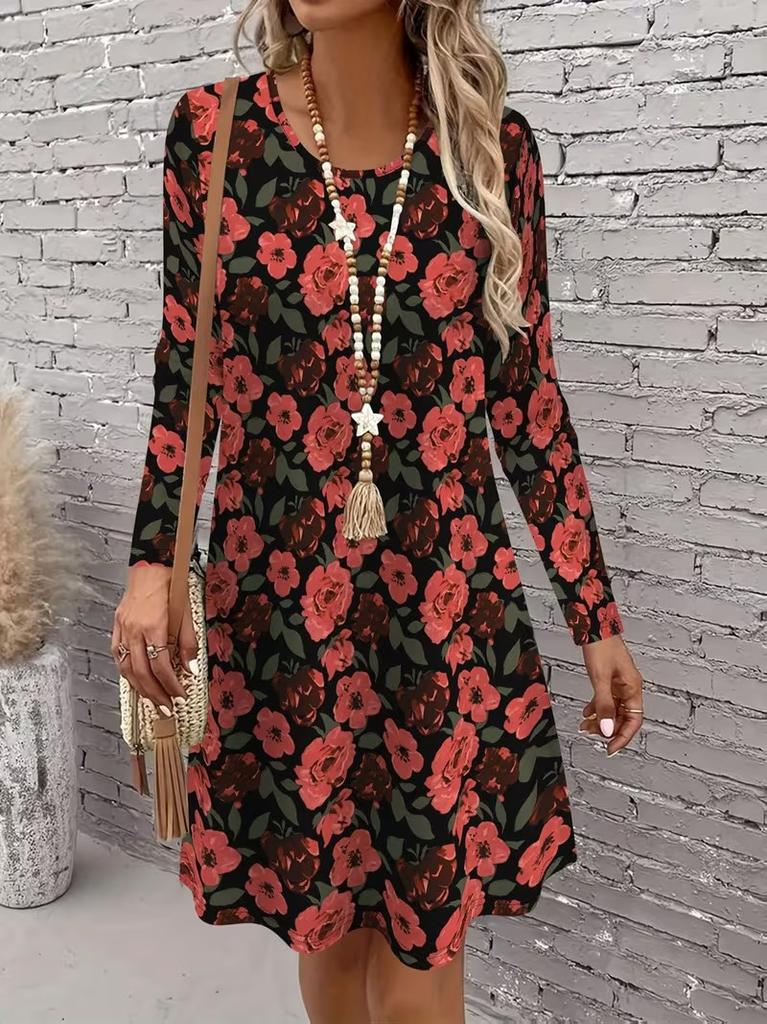Spring Autumn Women Dress Casual Long Sleeve O-neck 3D Print Loose A-Line Dress Oversized Home Wear Robe