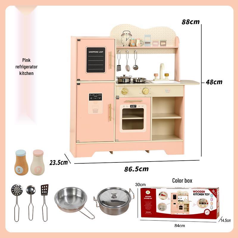 Pink Wooden Kids Play Kitchen Set with Refrigerator and Stove