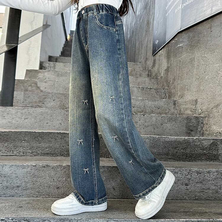 

Девочки Джинсы Весна и Осень Прямые Брюки Модные и Стильные Брюки Широкие Брюки Девочки Свободные Брюки 140