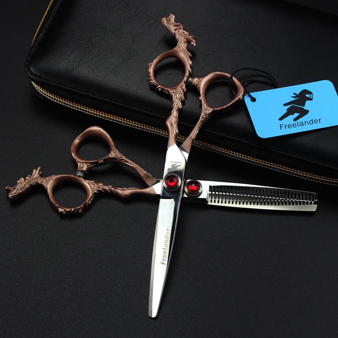 6.0-Inch Rose Gold Dragon Handle Hairdressing Scissors - Barber Straight & Thinning Shears Blue Handle Thinning Shears