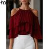 YYFS Mode Femme Casual Été Printemps Couleur Unie Impression Manches 3/4 Col Plongeant Chemisiers & Chemises