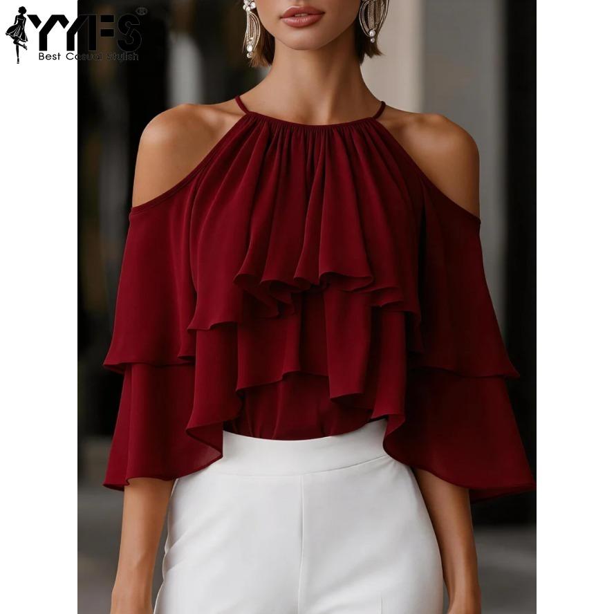 YYFS Mode Femme Casual Été Printemps Couleur Unie Impression Manches 3/4 Col Plongeant Chemisiers & Chemises