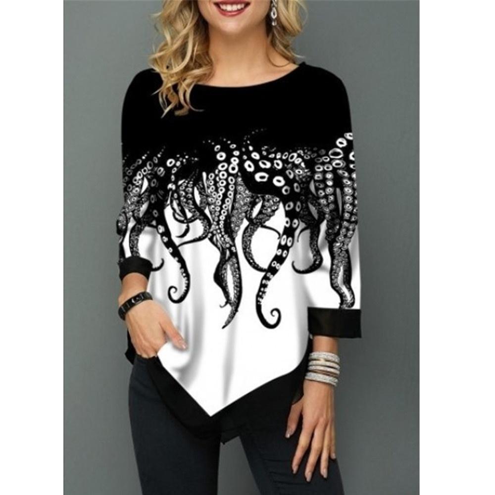 Ny Dame Uregelmessig Kant Trykket Casual Rund Hals 3/4 Ermer Pluss Størrelse T-skjorte Høst Løs Pullover Bluse