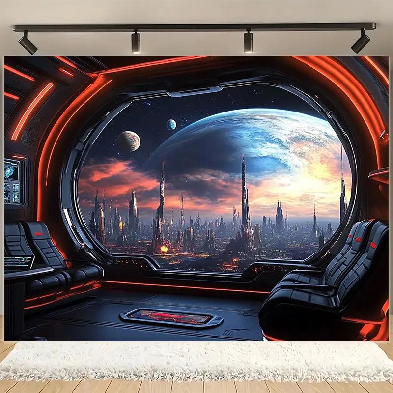 Futuristic Spaceship Cockpit Planet View Sci Fi Cityscape Tapestry Wall Hanging For Bedroom Gamer Room Decor Space Art Printhome
