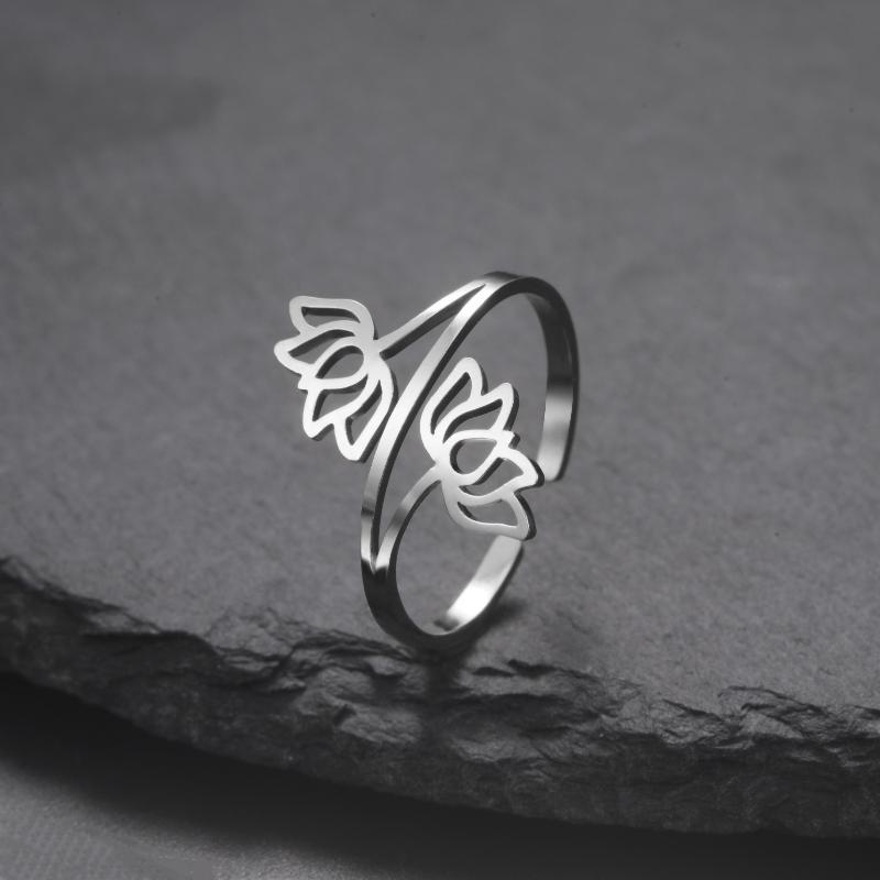 Delicate Lotus Open Ring for Women Stainless Steel Adjustable Thin Band Finger Ring for Casual Daily Wear Gift for Mom