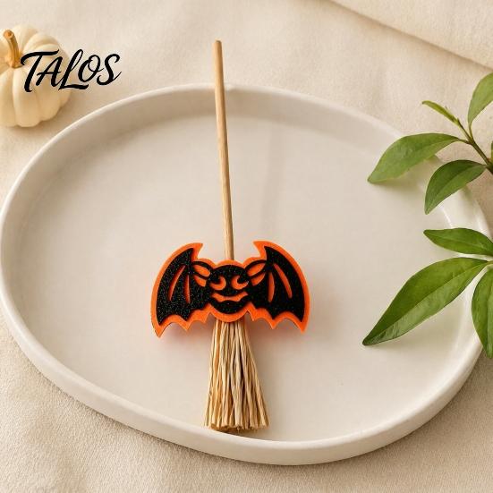 Exquisite Holiday Tabletop Accents Halloween Mini Broomstick Ornament, Witch Pumpkin Bat Ghost Decor with Natural Grass Wizard Hat Flower Decoration