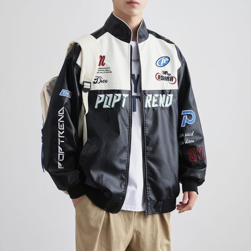 New American PU Motorcycle Printed Leather Jacket Men's Spring and Autumn Pilot Men's Jacket Letters