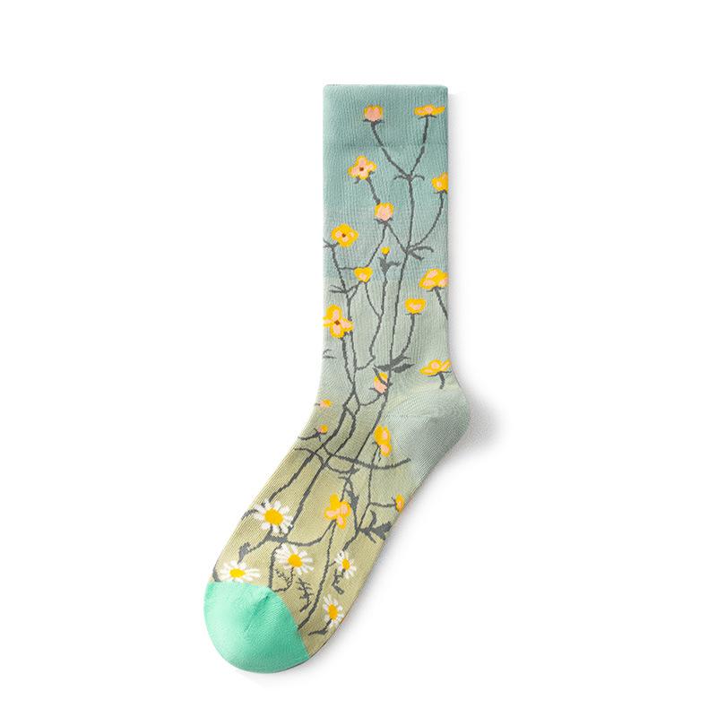 French Retro Abstract Oil Painting Mid-Calf Socks - Trendy Autumn/Winter High-Top Creative Combed Cotton for Women
