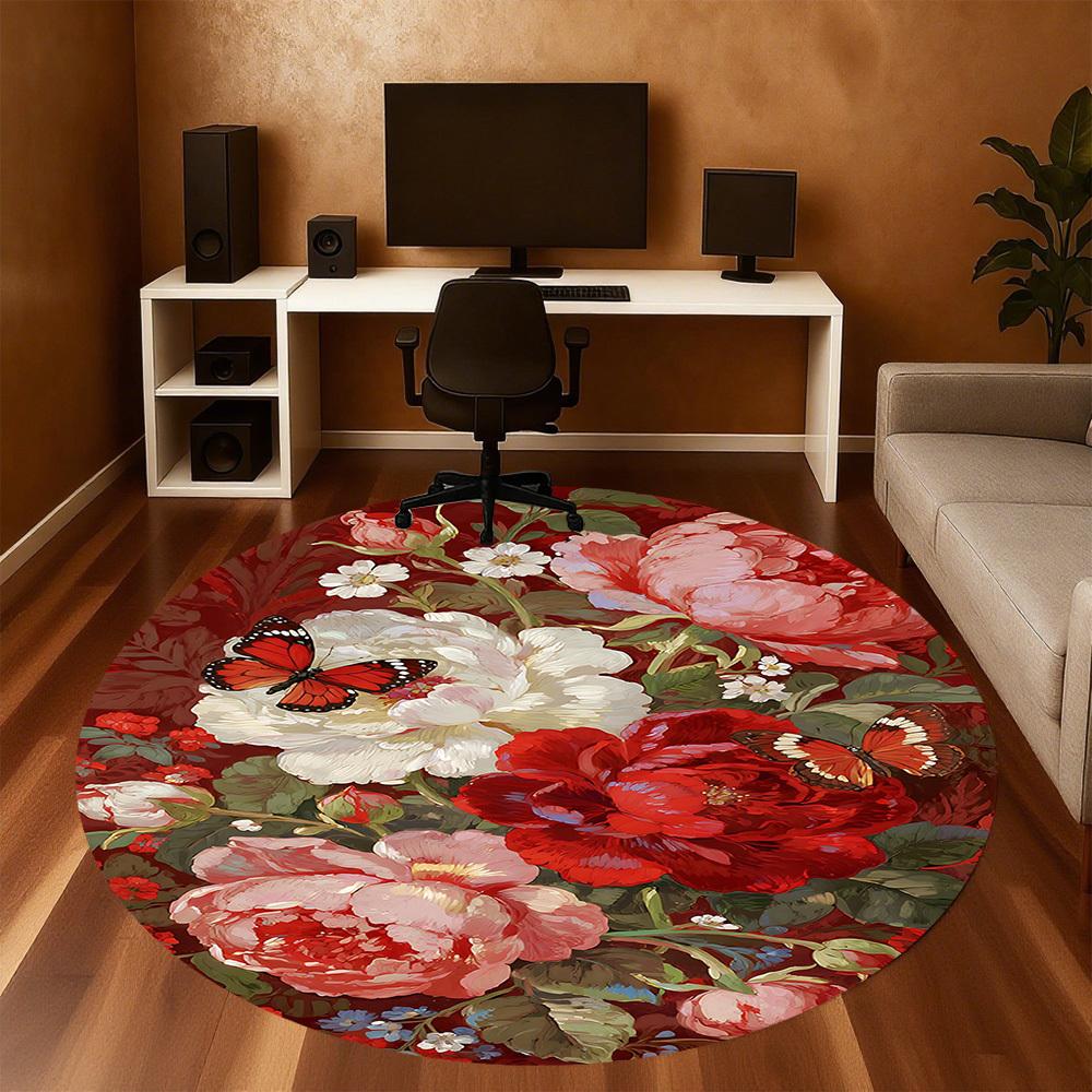 1pc Floral Butterfly Round Chair mat office Area Rug - Non-Slip, Floor Mat for Office, Bedroom, and Indoor Decor p127019